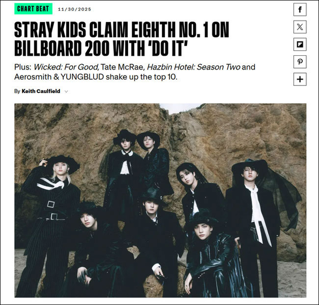 미국 빌보드가 스트레이키즈의 8연속 메인 앨범 차트 ‘빌보드 200’ 1위 달성 소식을 홈페이지 메인 기사로 다뤘다.  빌보드 홈페이지 캡처