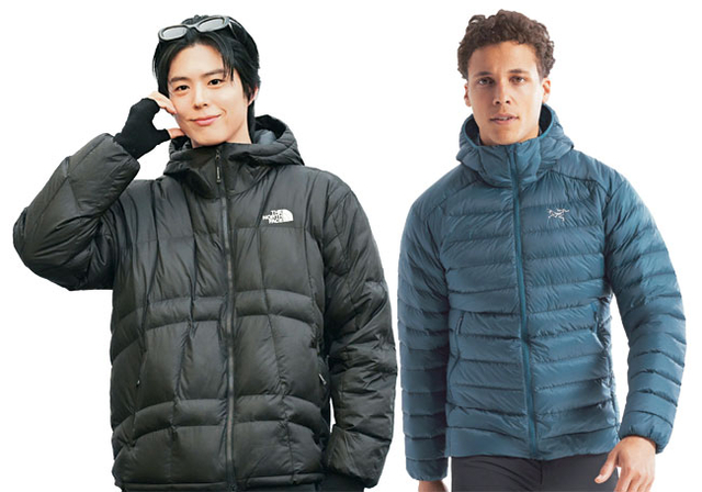 사진 왼쪽은 노스페이스 홍보대사인 배우 박보검이 웨이브 라이트 온 재킷을 입은 모습. 오른쪽은 모델이 아크테릭스 인기 제품 세륨 후디 블랙 사파이어 패딩을 입은 모습. 각 사