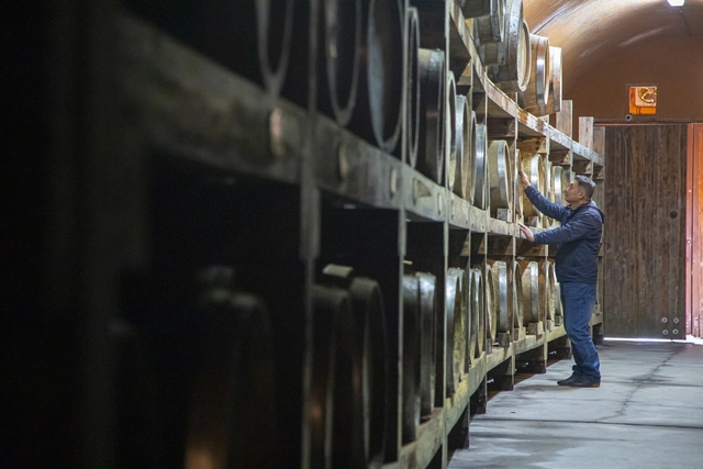 경기 파주시에 자리한 양조장 산머루농원의 숙성고에서 한 직원이 술이 담긴 목통을 살펴보고 있다. 경기관광공사 제공
