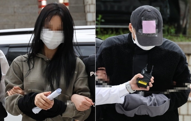 축구 국가대표팀 주장 손흥민의 아이를 임신했다고 주장하며 돈을 뜯어내려 한 20대 여성양 씨와 40대 남성 용 씨가 지난 5월 17일 영장실질심사를 받기 위해 서울중앙지법에 들어서고 있다. 연합뉴스