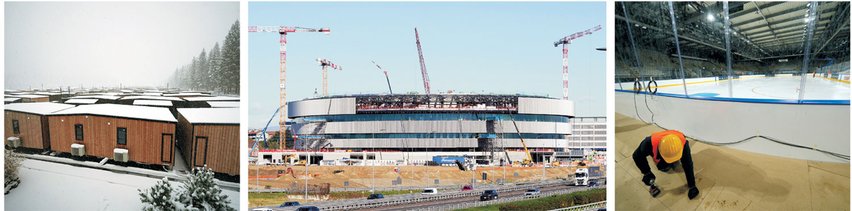 2026 밀라노·코르티나담페초동계올림픽 설상 종목이 열릴 코르티나담페초의 해발 1292m 계곡에 지어진 선수촌이 눈보라 등 거센 환경에 노출돼 있다(왼쪽 사진). 산타줄리아 아이스하키 아레나(가운데)는 공사가 지연된 데다 링크 길이가 1m 작아 경기장 규격 논란까지 일고 있다. 피겨 경기가 열리는 밀라노 아이스 스케이팅 아레나는 실내 바닥 공사가 한창이다.  AP 연합뉴스 