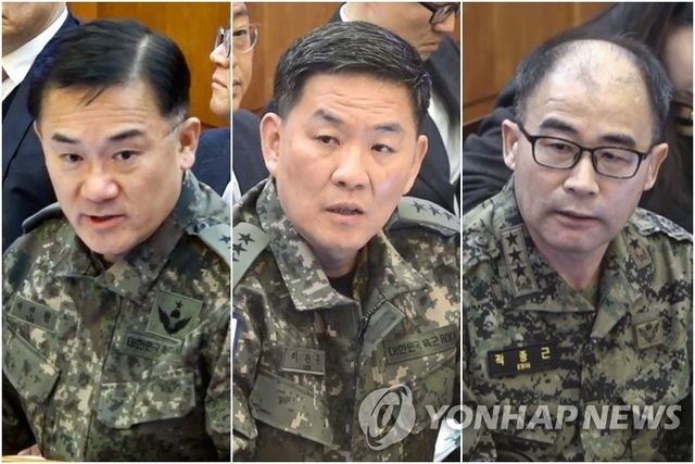 계엄군 수뇌부. 왼쪽부터 여인형 전 국군방첩사령관, 이진우 전 수도방위사령관, 곽종근 전 특수전사령관. 헌법재판소 제공/연합뉴스