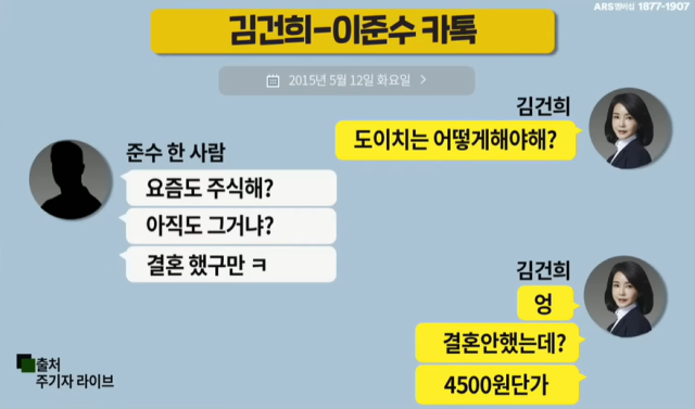 유튜브 방송 ‘주기자 라이브’가 지난 8일 공개한 김건희 여사와 도이치모터스 주가조작 주포 이준수 씨의 카톡 대화 내용.
