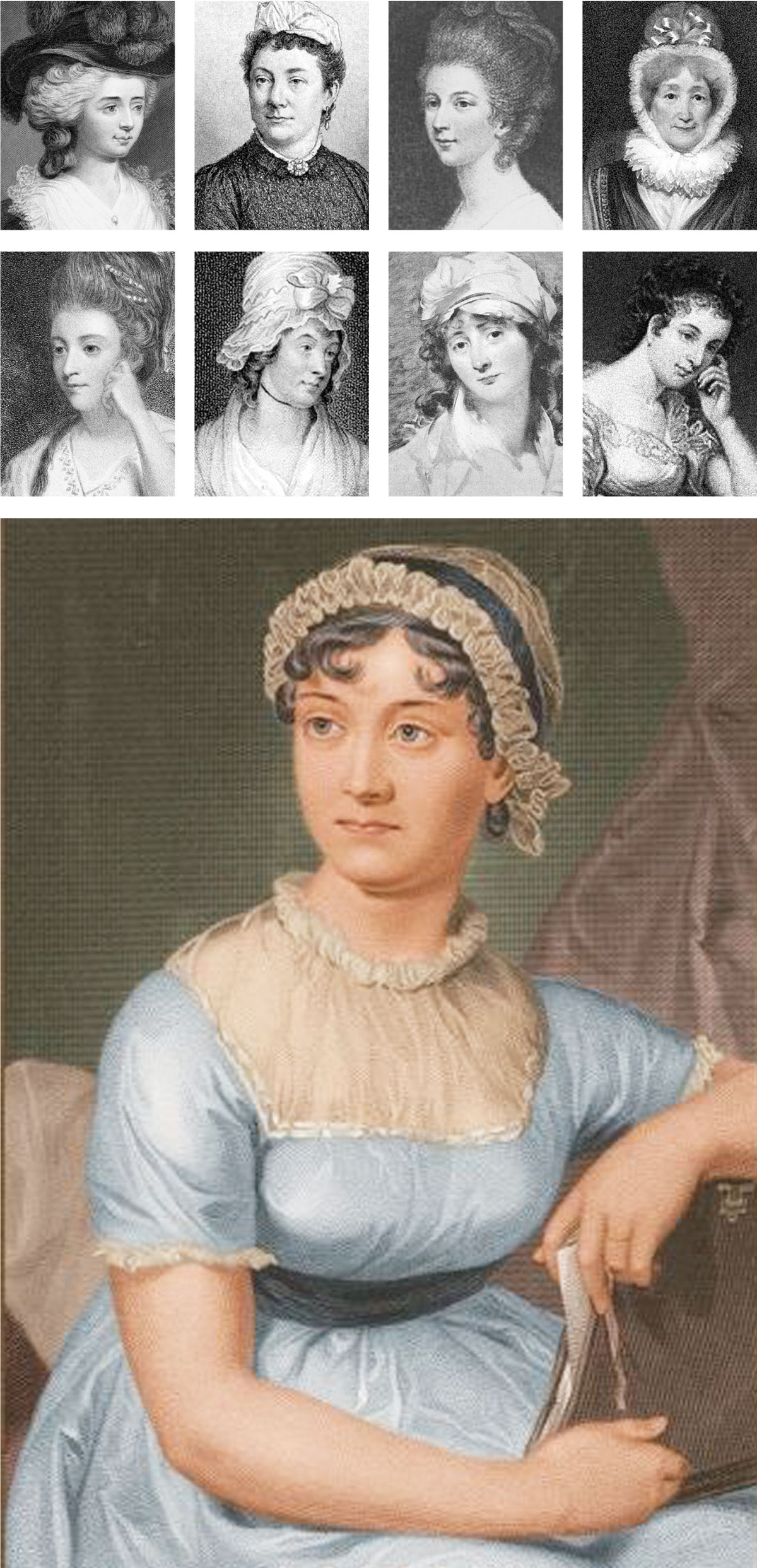 영국 대표 여성 문학가 제인 오스틴(아래 그림)과 18~19세기 영국 문단을 풍미하며 오스틴에게도 영향을 미쳤지만 문학사에서 이름이 지워진 여성 소설가들(위 그림). 윗줄 왼쪽부터 시계방향으로 프랜시스 버니, 앤 래드클리프, 샬럿 레녹스, 해나 모어, 마리아 에지워스, 엘리자베스 인치볼드, 샬럿 스미스, 헤스터 린치 스레일 피오치.  휴머니스트 제공