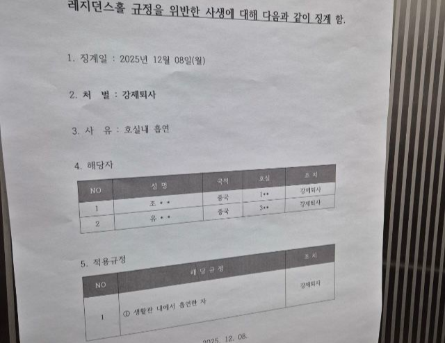 지난 8일 숭실대 레지던스홀에 부착된 징계 공고문. 숭실대 에브리타임 갈무리