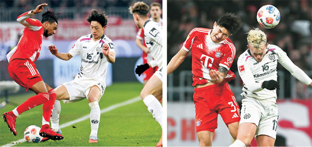 마인츠의 이재성(왼쪽 사진 가운데)이 15일 오전(한국시간) 독일 바이에른주 뮌헨의 알리안츠 아레나에서 열린 독일 분데스리가 경기에서 바이에른 뮌헨의 마이클 올리세를 저지하고 있다. 바이에른 뮌헨의 김민재(오른쪽 사진 왼쪽)는 마인츠의 베네딕트 홀러바흐와 공중볼 경합을 펼치고 있다.  로이터AP연합뉴스