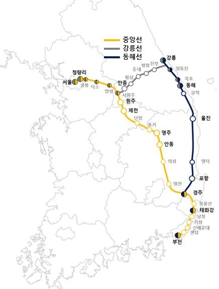 중앙선·동해선·강릉선 노선도. 자료: 국토교통부