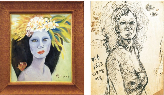 위작 논란을 일으킨 ‘미인도’. 오른쪽 그림은 천경자 화백의 미인도 스케치로 알려졌으나, 그의 차녀(김정희 미국 몽고메리대 교수)는 아니라고 부인했다.
