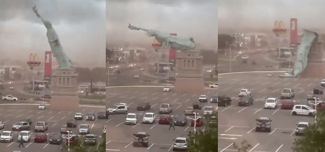 강풍에 쓰러진 24m의 ‘자유의 여신상’ 복제품. SNS 캡처