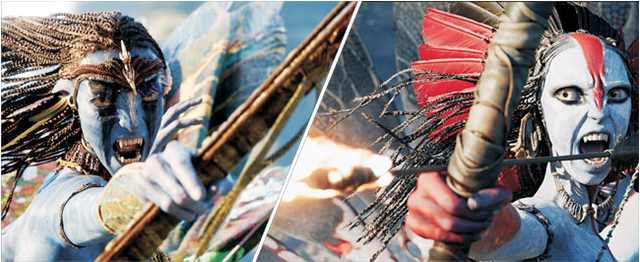 서로에게 활을 겨누는 네이티리(왼쪽)와 재의 부족 바랑. 네이티리는 가족을 지키기 위해, 바랑은 자신의 지위를 유지하기 위해 혼신의 힘을 다한다.  월트디즈니컴퍼니·20세기스튜디오 제공