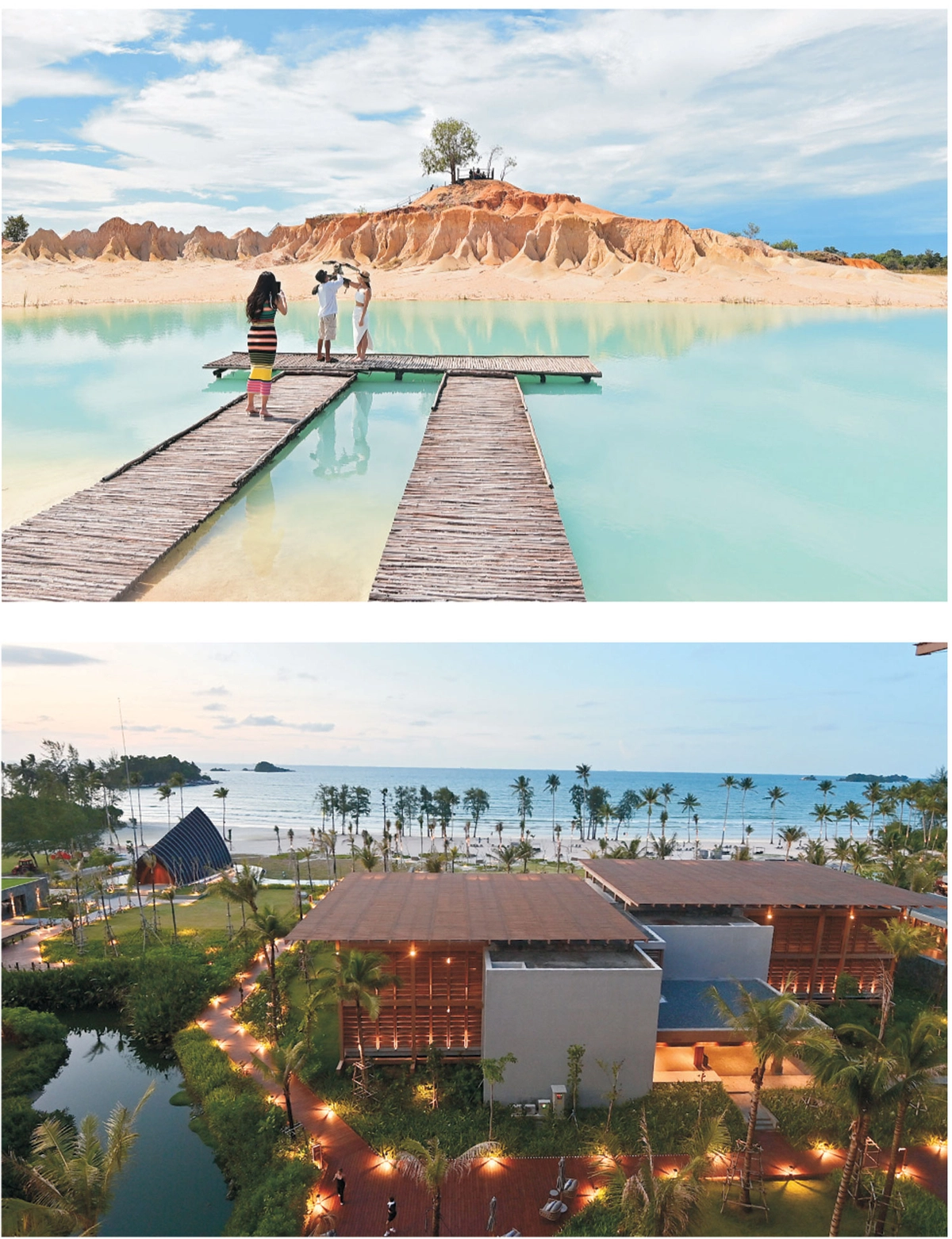 위 사진은 빈탄섬의 사진 명소 ‘텔라가 비루’. 푸른 호수란 뜻이다. 아래는 리조트 ‘인디고 빈탄 라고이 비치’의 해 질 무렵 풍경.