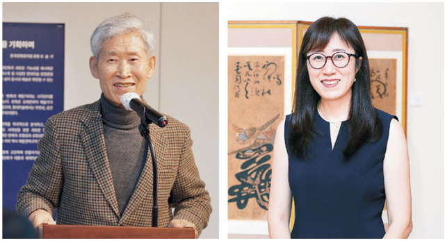오석환 관장이 ‘민화의 비상전’ 개막식에서 인사말을 하고 있다(왼쪽). 오른쪽은 오슬기 관장이 전시장에서 포즈를 취한 모습.  한국민화뮤지엄 제공