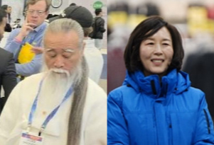 CES 현장에서 포착된 천공(왼쪽사진)과 김경 서울시의원. SNS갈무리·연합뉴스자료사진