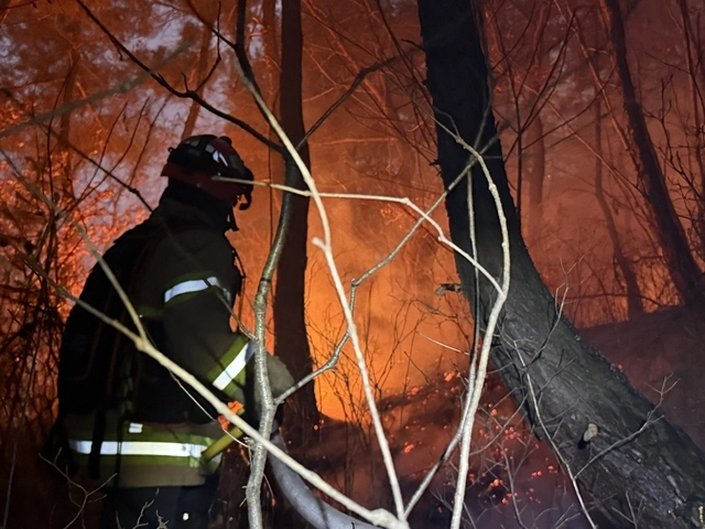 10일 오후 경북 의성군에서 대형 산불이 발생한 가운데 한 소방관이 산불을 진화하고 있다. 경북도소방본부 제공