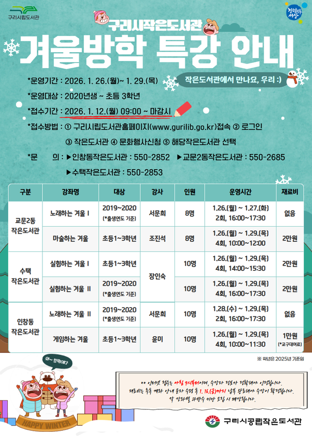 구리시가 ‘작은도서관 겨울방학 특강’ 참가자 모집을 오는 12일 오전 9시부터 시작한다. 구리시 제공