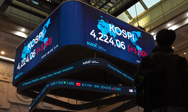 서울 영등포구 여의도 한국거래소 직원이 전광판에 게시된 코스피를 바라보고 있다. 박윤슬 기자
