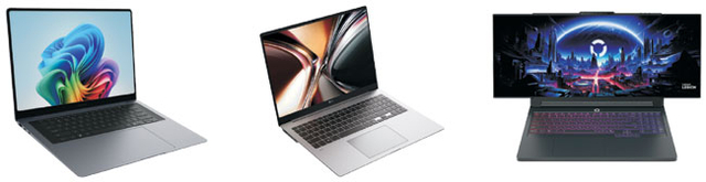 삼성전자의 ‘갤럭시 북6 프로’(왼쪽부터), LG전자의 2026년형 ‘LG 그램’, 레노버의 ‘리전 프로 롤러블’ 콘셉트.  각 사 제공