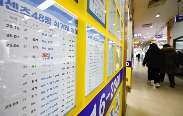 서울 시내 한 부동산중개업소에 게시된 대형 평수 아파트 매매 실거래가표. 뉴시스