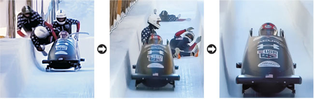 지난 11일(한국시간) 스위스 생모리츠에서 열린 봅슬레이 월드컵 남자 4인승 레이스 출발 과정에서 미국 대표팀 썰매에서 동승 선수들이 잇따라 이탈하는 장면. 두 번째 푸셔가 탑승 과정에서 균형을 잃었고(왼쪽부터), 그 여파로 세 명의 선수가 탑승하지 못 하고 트랙에 나뒹굴고 있다. 드라이버 크리스 혼만 남아 썰매를 조종하며 트랙을 내려오는 모습.  국제봅슬레이연맹 유튜브 캡처 