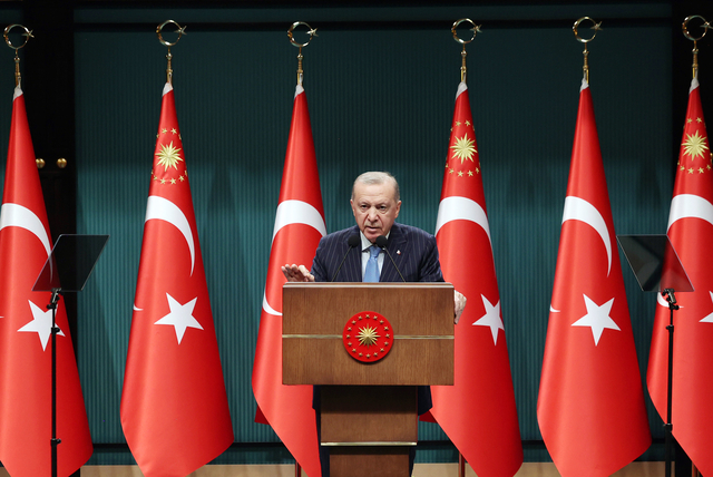 레제프 타이이프 에르도안 튀르키예 대통령이 지난 5일 튀르키예 앙카라에서 내각 회의를 가진 뒤 기자회견을 하고 있다. 신화통신 연합뉴스