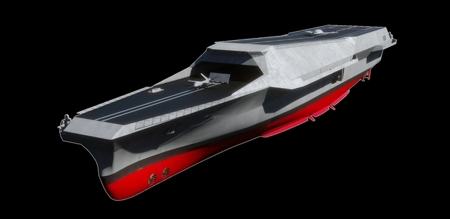 HD현대중공업이 ‘MADEX 2025’ 부스에서 처음 선보인 1만5000t급 미래형 무인전력모함(HCX-23 Puls) 모형. HD현대중공업 제공