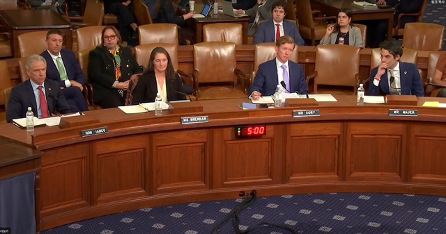 13일 미국 워싱턴DC 연방의회에서 ‘미국 혁신 및 기술 리더십 유지’를 주제로 열린 세입위원회 무역소위 청문회에 증인으로 참석한 안드레이 이안쿠(앞줄 왼쪽부터) 혁신촉진위원회 이사회 의장, 아니사 브레넌 미 영화협회 선임부사장, 나이절 코리 미 아시아정책연구소 비상근 연구원, 댄 마우어 미 통신노조 이사가 의원들의 질의를 듣고 있다.  미 하원 세입위원회 유튜브 캡처