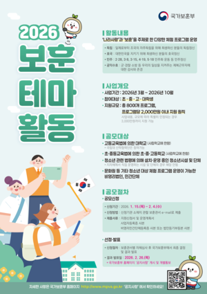 보훈부, ‘2026년 청소년 보훈 테마활동’ 프로그램 지원… 15일부터 공모