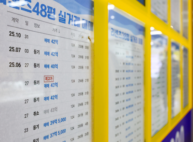 서울 시내 한 부동산중개업소 외벽에 붙어있는 아파트 매매 실거래가. 뉴시스