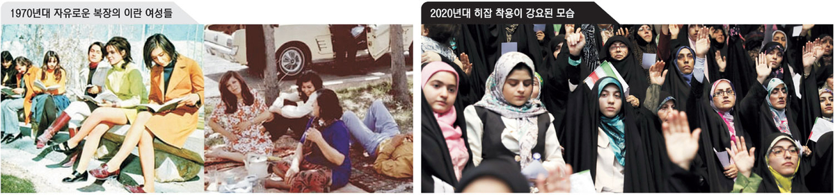 이란 이슬람 혁명이 일어나기 전인 1970년대 이란 여성들이 자유로운 복장으로 거리에서 독서·소풍 등 여가를 즐기고 있다(왼쪽 사진). 오른쪽 사진은 최근 테헤란에서 히잡을 두른 이란 여성들이 이슬람 전통복장 규제를 지지하는 집회에 참석하고 있는 모습.  X 캡처 AP 뉴시스
