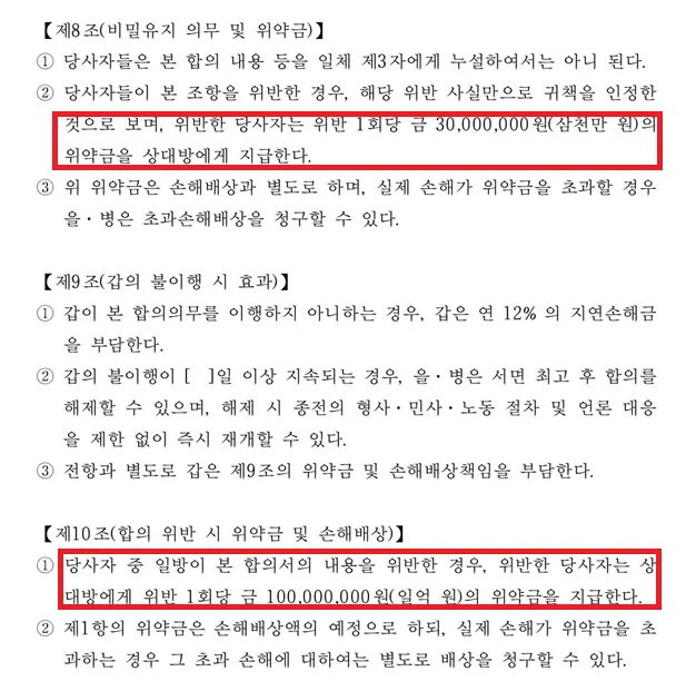 전 매니저들이 보낸 합의서 초안