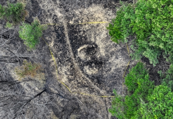 지난해 3월 27일 경북 지역에서 6일째 번지고 있는 산불의 최초 발화 지점인 의성군 안평면 괴산리 한 묘소 인근에 폴리스라인이 설치돼 있다. 경북 북부 산불은 이날 오전까지 산불영향구역이 3만3204㏊로 추산되며 역대 최악의 산불로 기록될 것으로 보인다. 연합뉴스