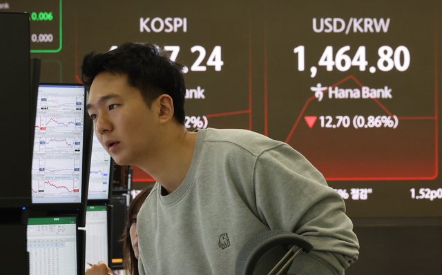 지난 15일 서울 중구 하나은행 본점 딜링룸에서 직원이 증시와 환율을 모니터하고 있다.
