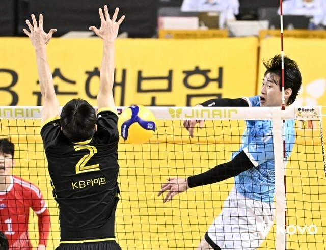 대한항공의 아웃사이드 히터 김선호가 16일 경기 의정부 경민대체육관에서 열린 KB손해보험과 진에어 2025∼2026 V리그 4라운드에서 공격을 시도하고 있다. KOVO 제공