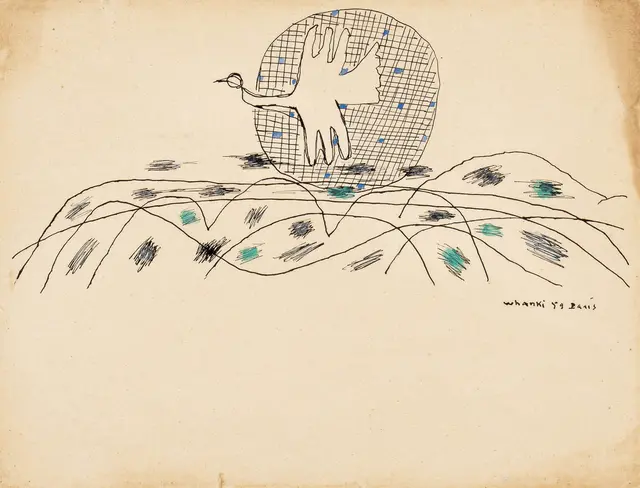 김환기(1913 - 1974)의 ‘새’. 25×32.5cm , 1959.  2500~5000만 원. 케이옥션 제공