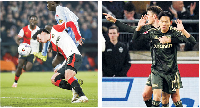 페예노르트의 황인범(왼쪽 사진)이 19일 오전(한국시간) 네덜란드 로테르담에서 열린 네덜란드 에레디비시 홈경기에서 몸을 던져 공을 따내고 있다. 우니온 베를린의 정우영(오른쪽 〃)이 18일 밤 독일 슈투트가르트에서 열린 독일 분데스리가 원정경기에서 후반 38분 골을 넣은 후 세리머니를 자제하고 있다.  EPA AFP 연합뉴스 