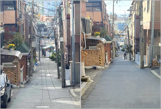 서울 관악구 행운6길 일대 공중케이블 정비 전(왼쪽)과 정비 후(오른쪽). 관악구청 제공