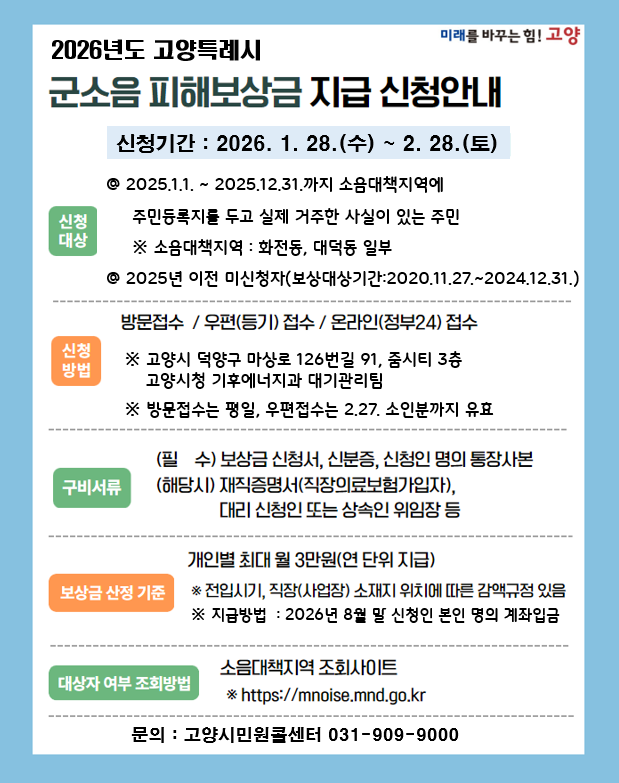 고양특례시는 오는 28일부터 2월 28일까지 군 소음대책지역에 대한‘2026년도 군소음 피해보상금 신청’을 받는다. 고양시 제공