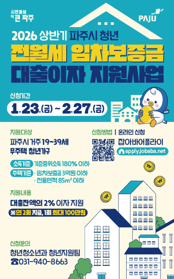 파주시가 청년가구의 주거비 부담을 완화하기 위한 청년 전월세 임차보증금 대출이자 지원사업 신청을 오는 23일부터 다음달 27일까지 받는다. 파주시 제공