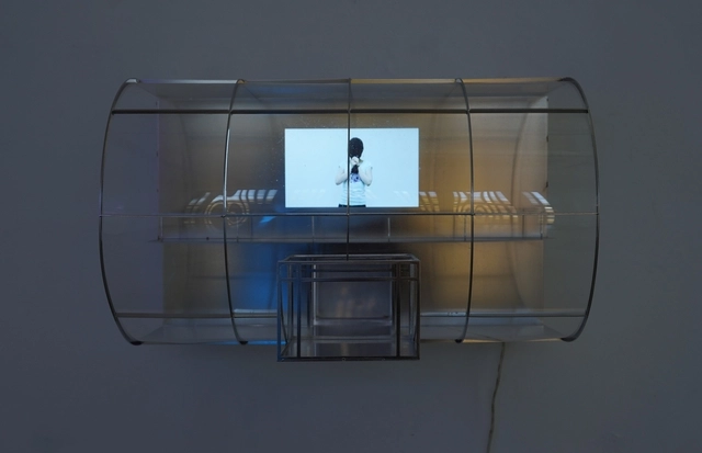 한 여성이 머리카락으로 끊임없이 얼굴을 감추는 퍼포먼스를 담은 ‘로비’(2010). 70×60×40㎝의 크기로 스테인리스 스틸, 아크릴, LCD 모니터, LED 조명 등이 사용됐다.  작가 제공