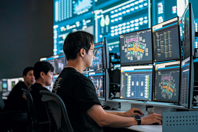 네이버 데이터센터 ‘각’ 통합 모니터링 시스템에서 직원이 서비스 상태를 실시간으로 점검하고 있다.  네이버 제공
