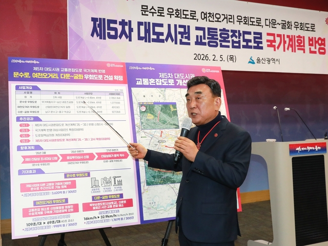김두겸 울산시장이 5일 울산시청 프레스센터에서 문수로 등 도심교통 체증 해소를 위한 사업계획을 설명하고 있다. 울산시청 제공