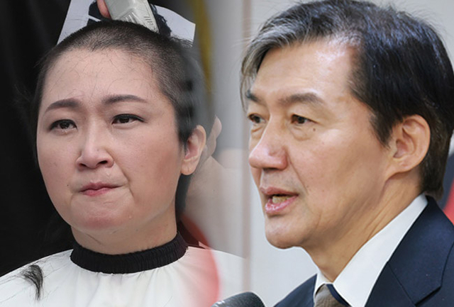 이언주(왼쪽) 의원이 2019년 9월 당시 조국 법무부 장관 임명 철회와 대국민 사과를 요구하는 기자회견을 마친 뒤 삭발하는 모습. 오른쪽은 조국 조국혁신당 대표. 연합뉴스