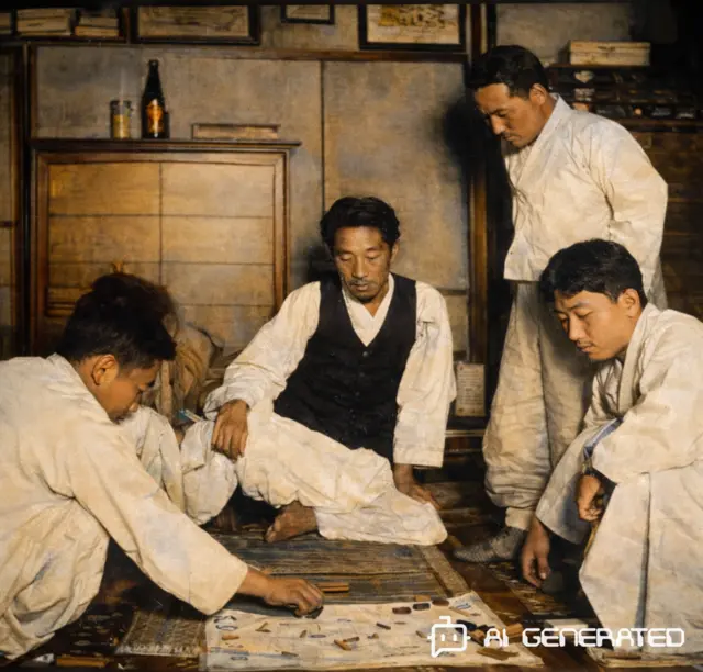 중외일보 1927년 2월 7일자 ‘밤새는 줄모르며 정초윳놀이 ’ 사진. 원본 흑백 사진에 인공지능(AI) 기반 색채 복원 기술을 통해 재현했다. 국립중앙도서관 제공