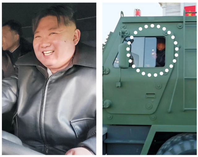 김정은 북한 국무위원장이 18일 평양 4·25문화회관 앞에서 600㎜ 대구경방사포 발사 차량을 직접 운전하고 있다. 흰 점선 안은 운전석에 앉아 있는 김 위원장. 조선중앙통신 연합뉴스