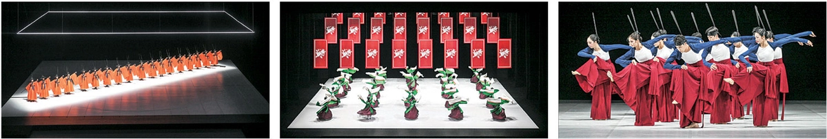 유네스코 세계 인류무형문화유산인 종묘제례악의 의식무를 현대화한 ‘일무’는 흰색 바닥에 까만색 벽을 배경으로 한 간결한 무대가 특징적이다. 이런 흑백의 대비 속에서 초록, 빨강, 파랑 등 여러 색깔이 어우러진 화려한 의상과 일치된 동작은 한국적 아름다움을 극대화하고 있다. 세종문화회관 제공