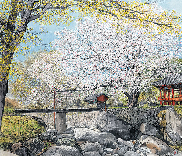 오용길 ‘봄의 기운(용원정)’, 128×150㎝, 화선지에 먹과 채색, 2025.