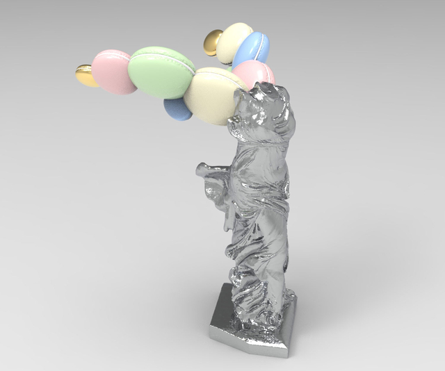 ‘마카롱의 향연-달콤한 승리의 조각상 2’(2025)는 니케의 날개 위에 파스텔 톤 마카롱 조각을 얹어 완성했다. 익숙하고 다소 무거운 고전적 이미지에 위트를 더해 시선을 사로잡는다.