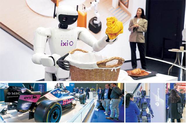 2일 스페인 바르셀로나에서 열린 ‘MWC 2026’에서 글로벌 정보통신기술 업체들이 첨단 피지컬 인공지능(AI) 기술을 대거 선보였다. LG유플러스의 AI 에이전트 익시오 프로가 결합된 로봇이 빨래를 정리하는 모습(사진 위부터 시계방향), 미국 퀄컴의 최신 AI 칩 드래곤윙 IQ10이 탑재된 휴머노이드, 주행 데이터 분석 등 디지털 파일럿 기능을 접목한 인도 인드라그룹의 AI 포뮬러 차량.   LG유플러스·연합뉴스