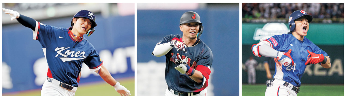 한국의 김도영이 지난 3일 일본 프로야구 오릭스 버펄로스와 평가전에서 홈런을 치고 나서 비행기 세리머니를 하고 있다.(왼쪽부터) 일본의 스즈키 세이야 역시 3일 한신 타이거스와 평가전에서 홈런을 친 뒤 말차를 타는 동작의 세리머니를 선보이고 있다. 대만의 전제셴이 최근 열린 대표팀 경기 도중 홈런을 친 뒤 국가명이 비어있는 가슴을 강조하는 세리머니를 펼치고 있다.   연합뉴스AP CPBL 소셜미디어 캡처