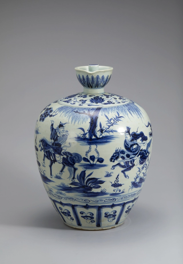 명나라 영락년제 청화 ‘삼명장문 (三名將紋) 항아리’. 세 장수가 각각 말을  타고 쫓고 쫓기는 모습을 역동적으로 묘사한 걸작이다